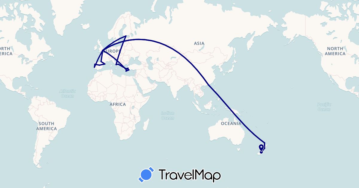 TravelMap itinerary: driving in Spain, Finland, United Kingdom, Greece, Hong Kong, Italy, New Zealand, Portugal, Turkey (Asia, Europe, Oceania)